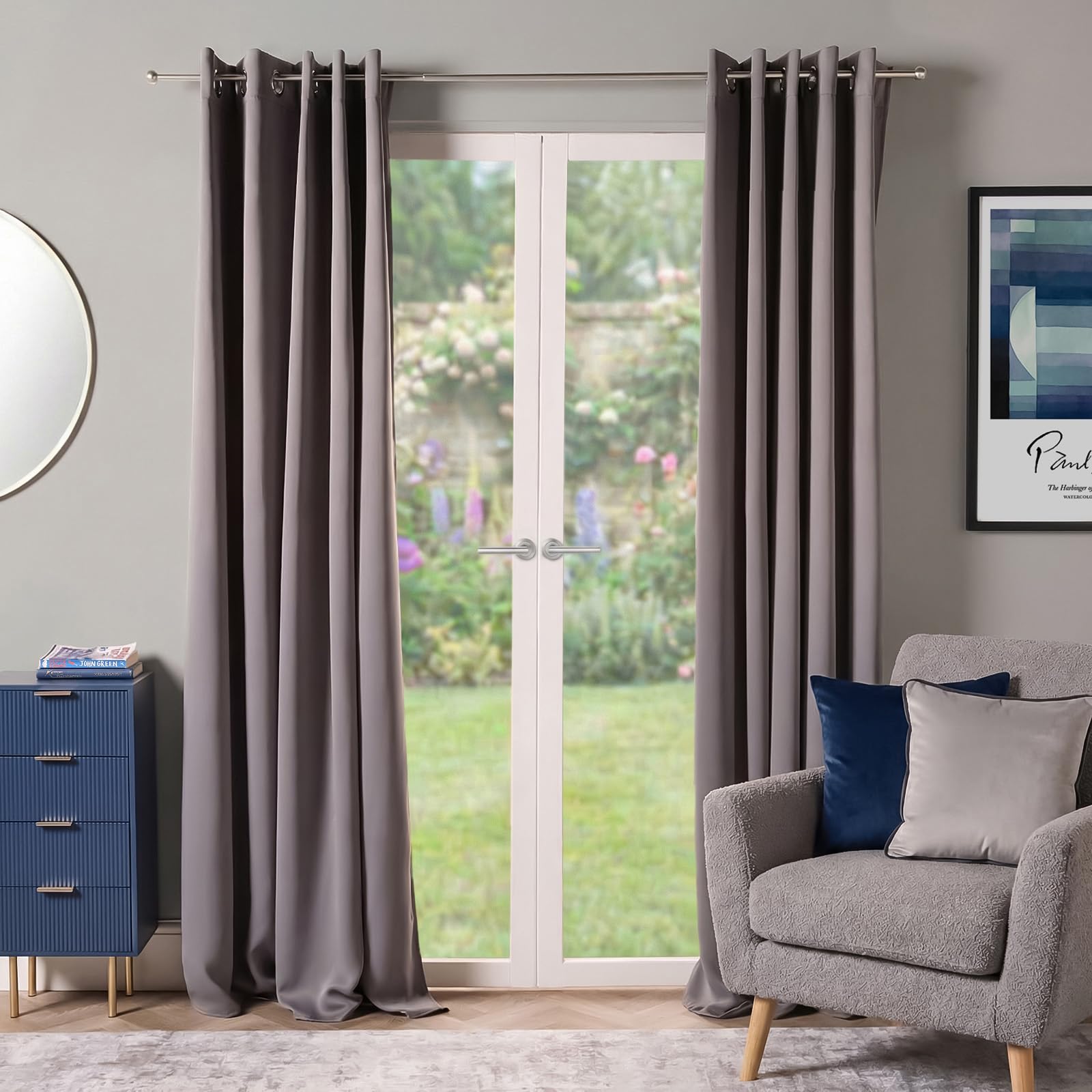 Dreamscene Grey Curtain 46 x 54, Eyelet Blackout Curtains for Bedroom Living Room Modern Super Soft Decorative Insulated Lined Curtains Set for Summer Winter
