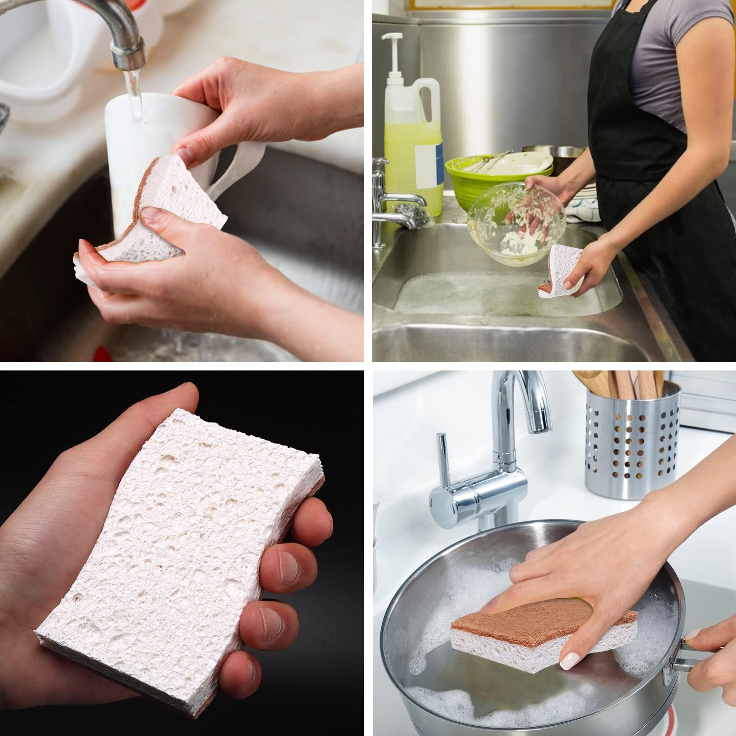 PANYEE Biodegradable Natural Kitchen Sponge 9Pack,Eco Friendly Sponges for Dishes,Compostable Cellulose Sponge with Natural Plant Based Sisal Walnut Scrubber Sponge