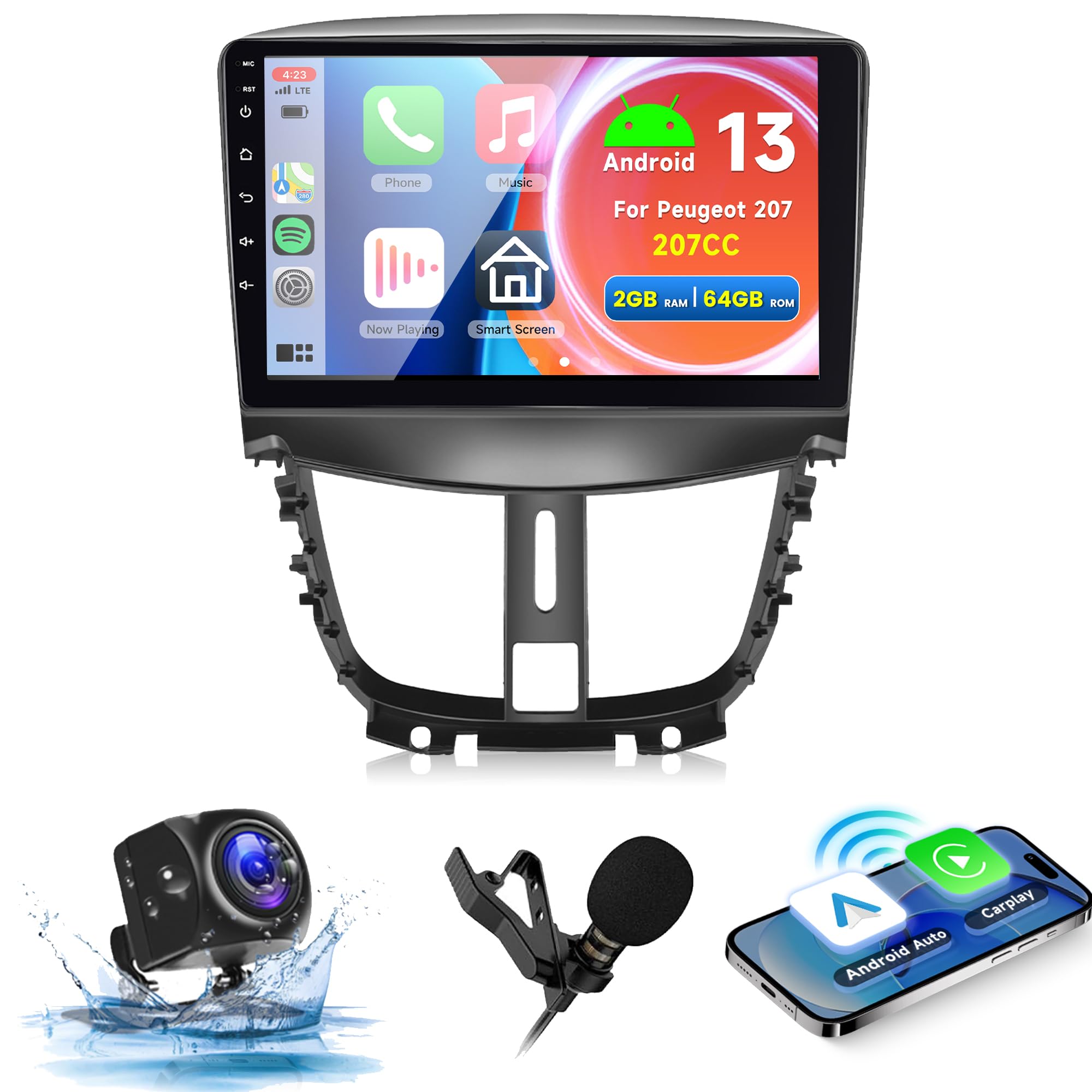 Podofo CarPlay autoradio voor Peugeot 207 2006-2015, 9 touchscreen autoradio 2G 64G met draadloze CarPlay Android Auto, Bluetooth/GPS/WiFi/FM/ RDS/SWC/HiFi/USB achteruitrijcamera