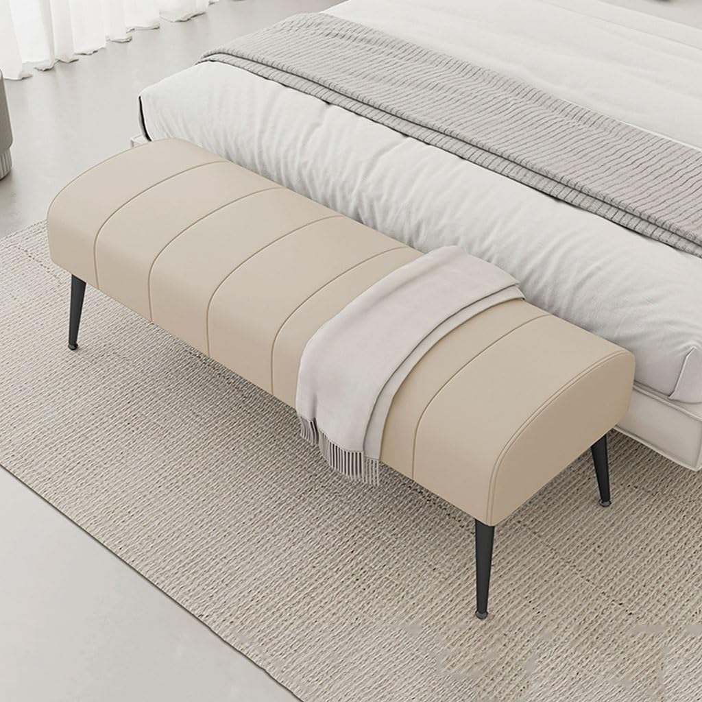 Nowoczesna Ławka Na Koniec Łóżka,podnóżek Do Sofy W Salonie, Ławka Na Buty Do Przedpokoju Skórzana Tapicerka Zakrzywione Siedzisko Z Solidnymi Nogami(Beige,120cm)