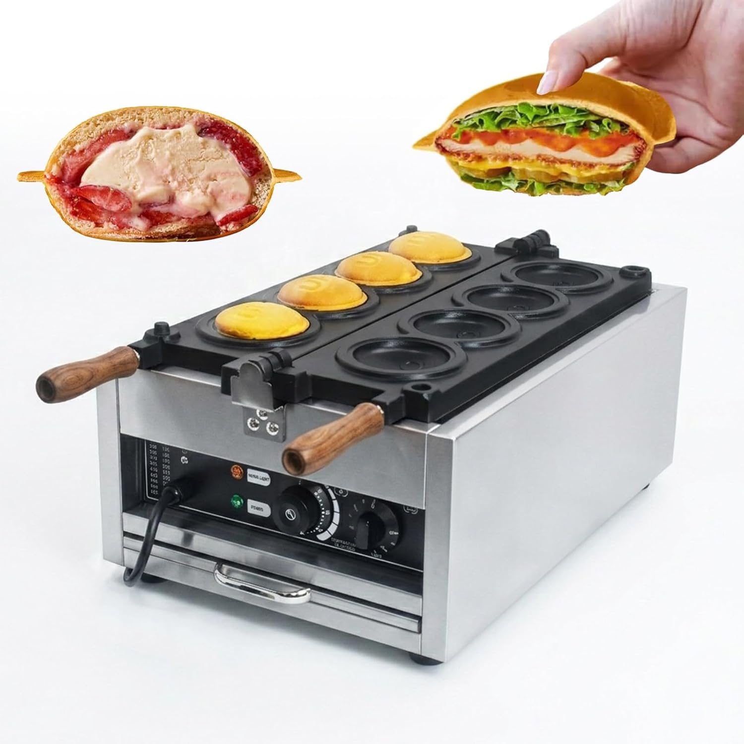 Electric Hamburger Sandwich Press, Rotary UFO Waffle Maker & Panini Machine, 3000W 4-Grid Non-Stick Stainless Steel with Temp/Timer for Home & Coffee Shop