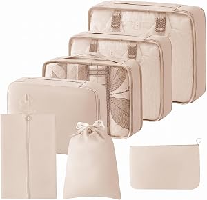 7 Piece Travel Packing Cubes Set, Beige Luggage Organizers with Mesh Top, Clothing Compression Bags for Suitcase, Toiletry Bag, Shoe Bag, Underwear Organizer for Travel Essentials(blue) (lake blue)