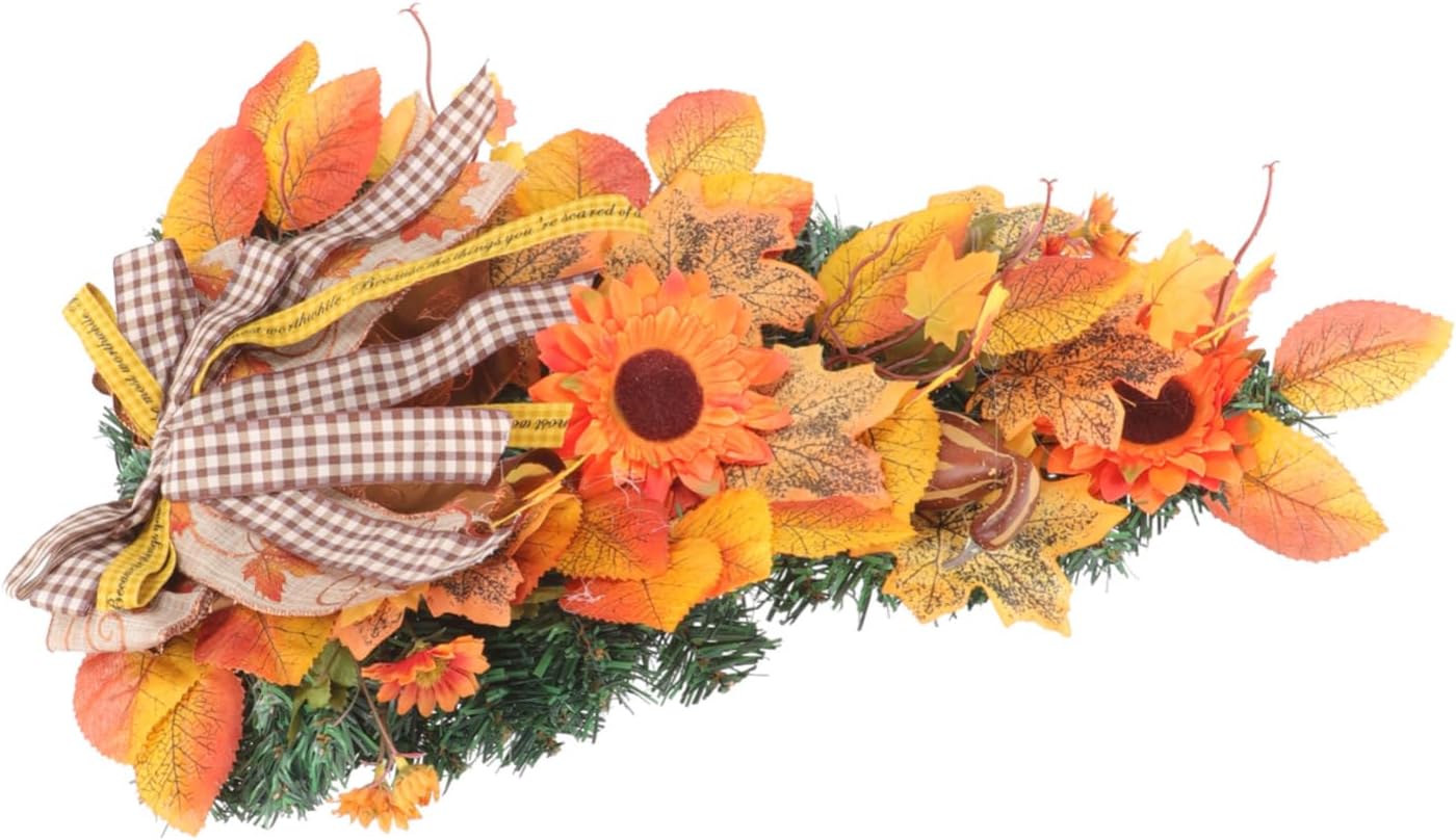 Thanksgiving Fall Swag Wreath Decor Rustic Maple Leaves and Sunflower Ribbon Hanging Wall Ornament Home Decoration Without Light