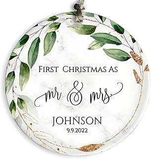 Our First Christmas Mr & Mrs Ornament 2022, Personalized 1st Christmas Married Ceramic Ornament, Gift for Newlywed Couple Family, Customized Christmas Tree Decoration, Watercolor Ornament (Design A)