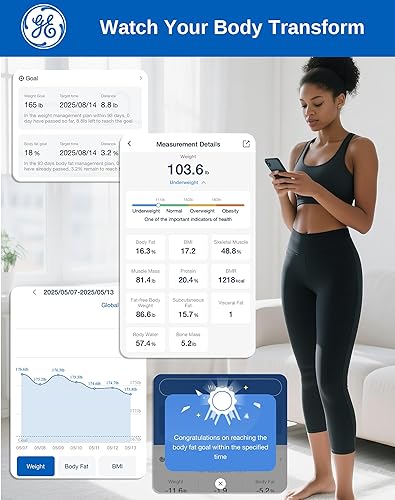 Miniatura 5 de GE Báscula inteligente para peso corporal y grasa, báscula digital de peso de baño, Bluetooth electrónico, 13 métricas de composición corporal,