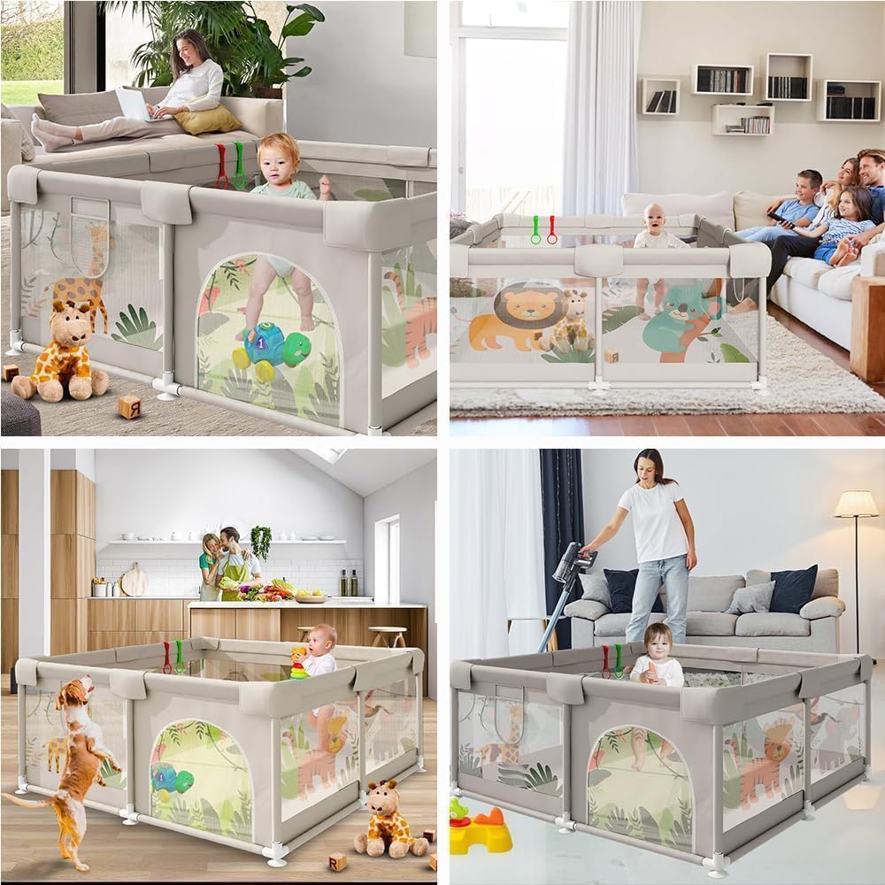 Selva - Box per bambini, 120 x 120 cm, con rete di animali traspirante, box pieghevole antiscivolo, tappetino imbottito + 4 anelli