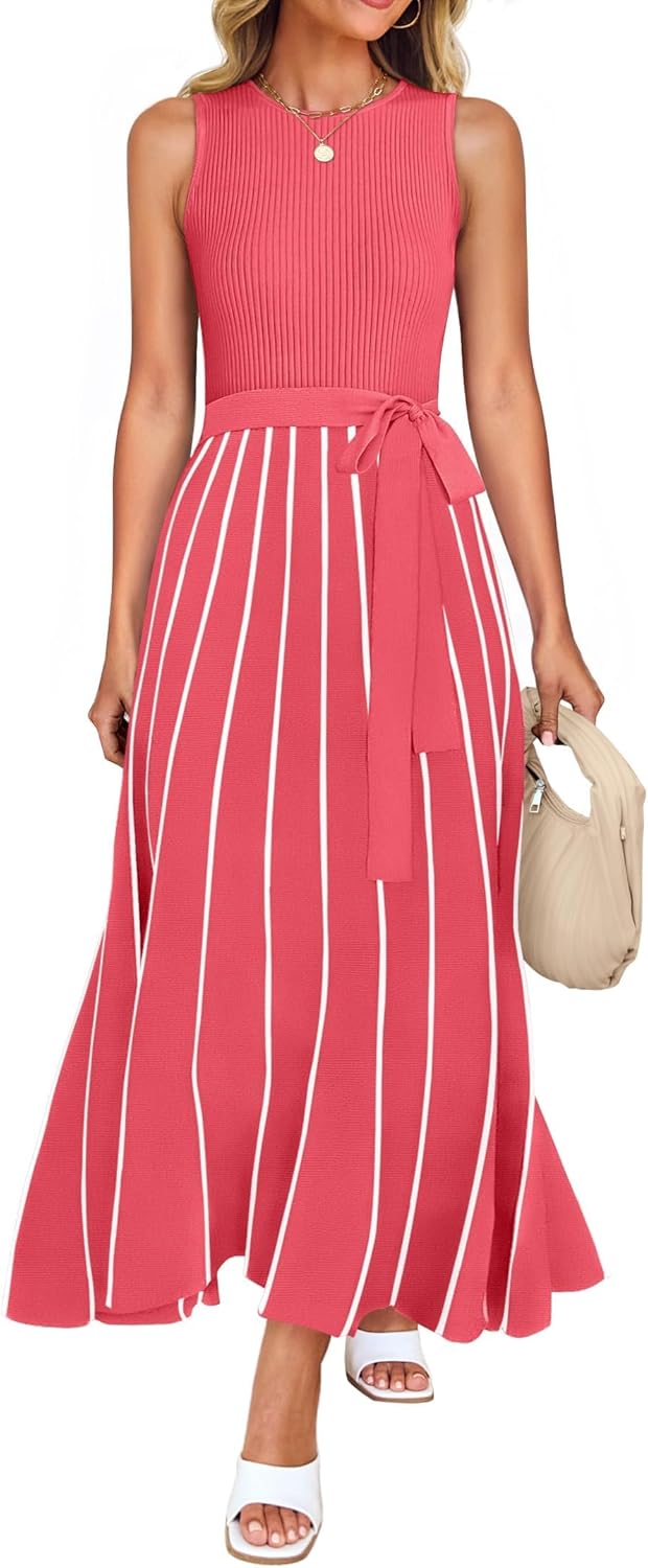 ZESICA Women's Summer Sleeveless Maxi Dress 2026 Crewneck Ribbed Knit Tie Waist Casual A Line Sweater Dresses