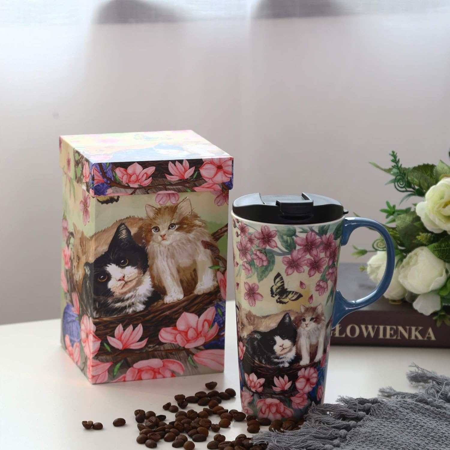 TZSSP Coffee Ceramic Mug Travel Mug Porcelain Latte Tea Cup With Lid 17oz,Novelty Coffee Mugs for Office & Home Flower and Cat - Image 4
