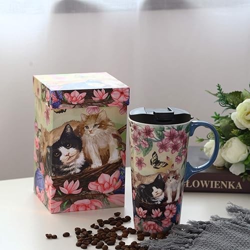 Miniatura 4 de TZSSP Taza de viaje de cerámica de café, taza de té con leche de porcelana con tapa, 17 onzas, tazas de café novedosas para oficina y hogar, flores