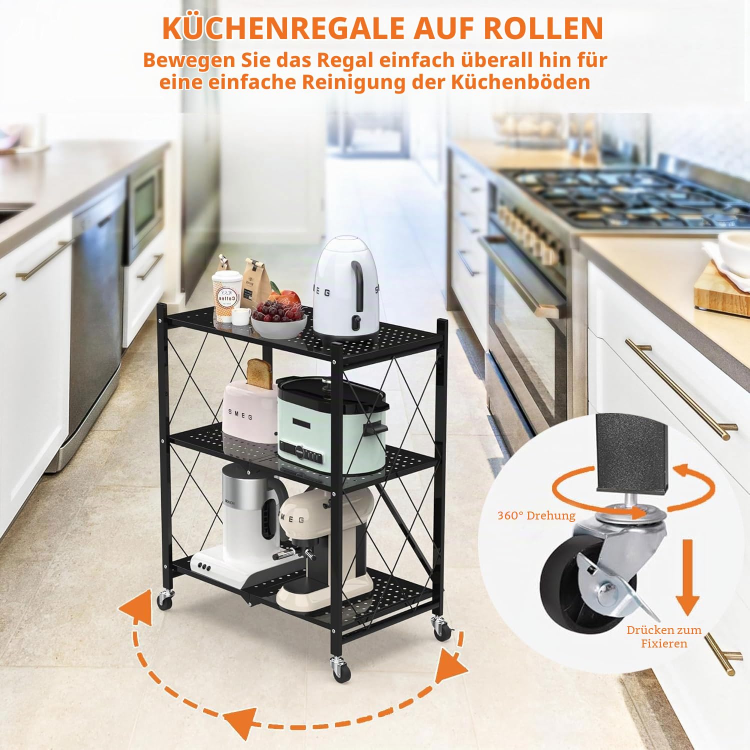 devesanter Servierwagen Klappbar 3 Ebenen Große Kapazität Tragbar Küchenregal Keine Installation erforderlich Multifunktional Küchenorganisatoren Geeignet für Küche Speisekammer Büro(Schwarz)