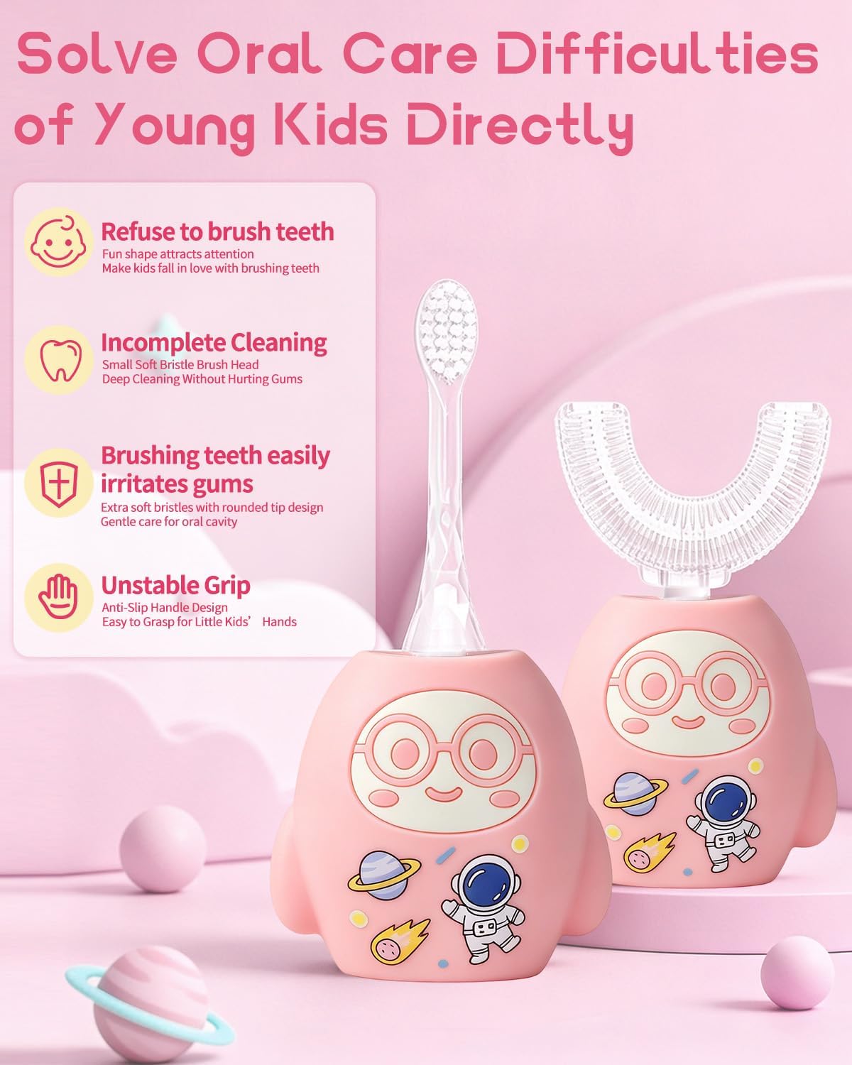 Kids U Shaped Electric Toothbrush, 360 Degree Full Mouth Sonic Toothbrush with 4 Brush Heads, IPX7 Waterproof 3 Modes Cleaning Cartoon Design (2-12 Age, Pink)