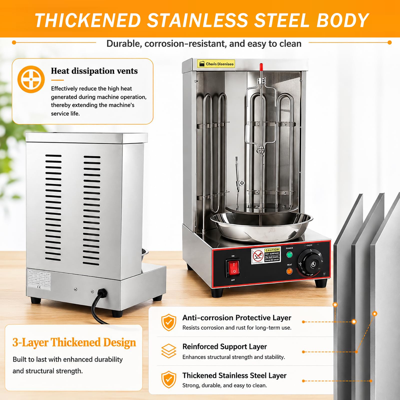 Gira Arrosticini Elettrico 2400W, Barbecue Elettrico da Tavolo Verticale, 2 Tubi Riscaldanti, Rotazione 360°, Termostato Regolabile 50‑300°C, Vaschetta Raccogli Carne, Uso Domestico e Commerciale