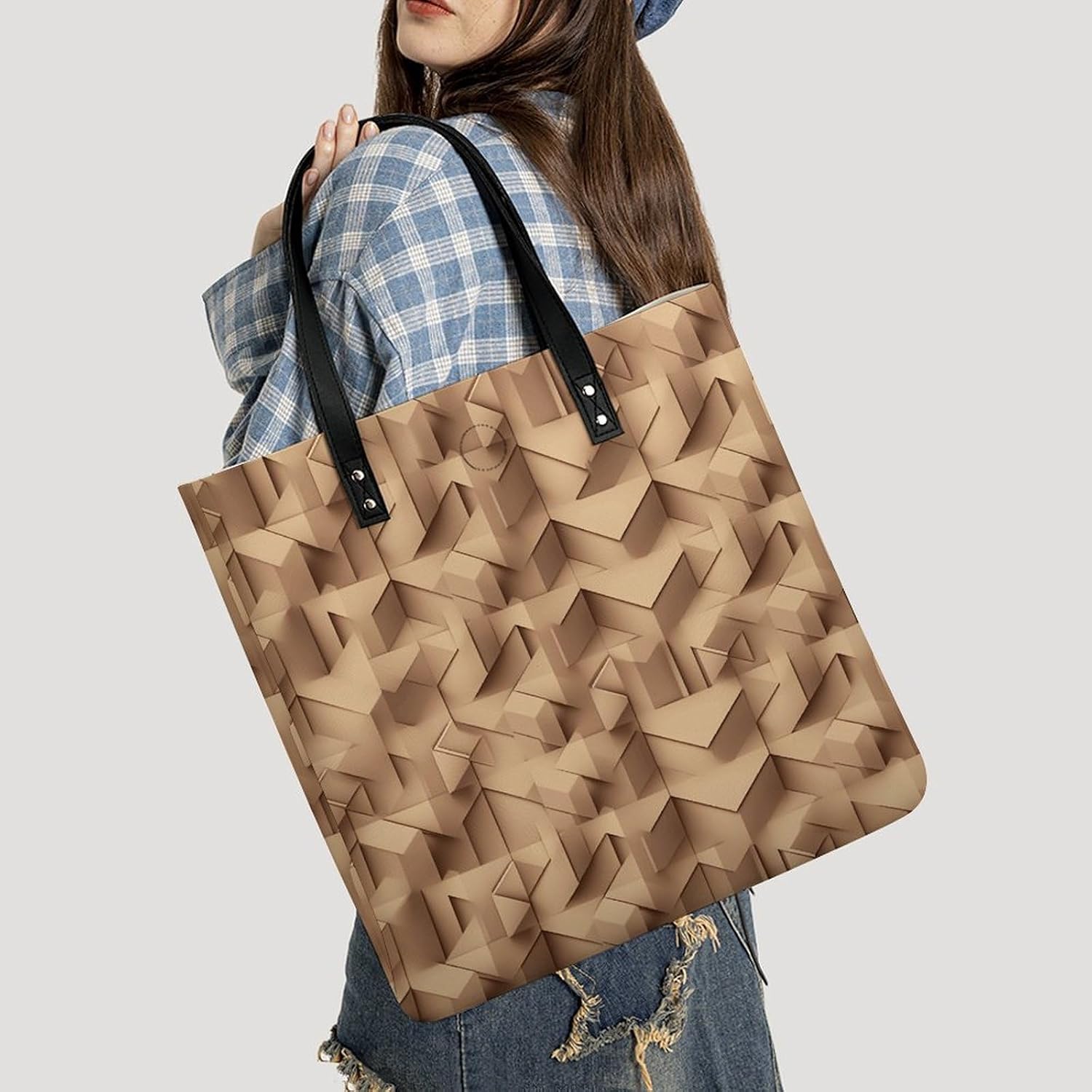 3D Cuboid Pattern Handbags Large Capacity, Tote Bag Stylish Slouchy, Shoulder Bags for Work Beach Travel And Shopping Grocery.