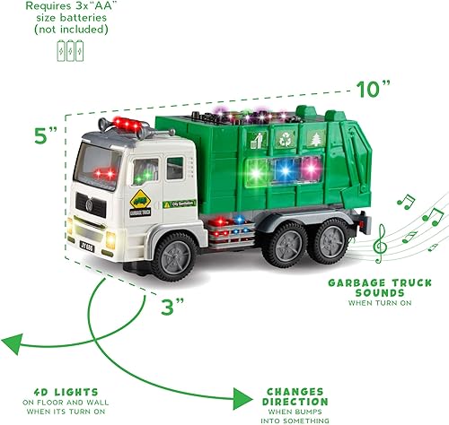 Miniatura 3 de Camión de basura de juguete para niños con luces 4D y sonidos – Funciona con pilas, golpear y seguir automático – Calcomanías de camiones de