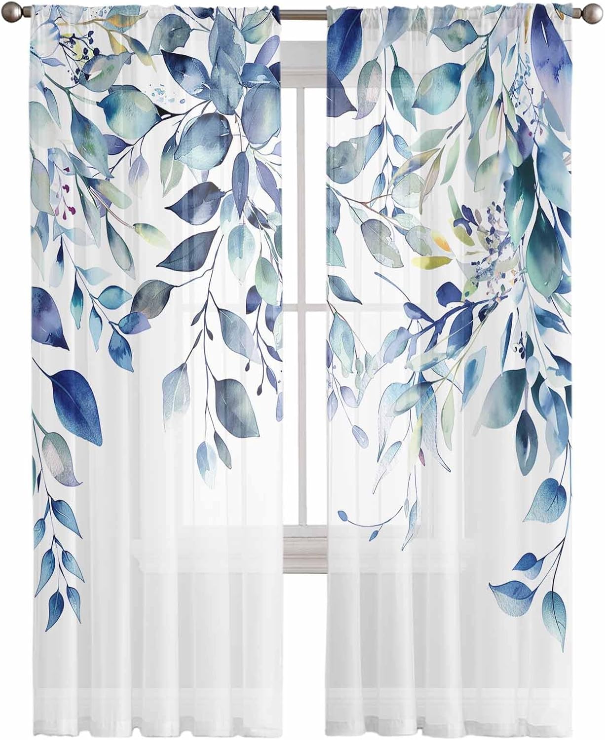 2 PCS Blue Eucalyptus Semi-Sheer Chiffon Curtains 63 Inches Long,Rod Pocket Voile Curtain Panels Window Drape Curtains for Living Room/Bedroom/Kitchen,Watercolor Floral Spring Botanical Plant 104x63