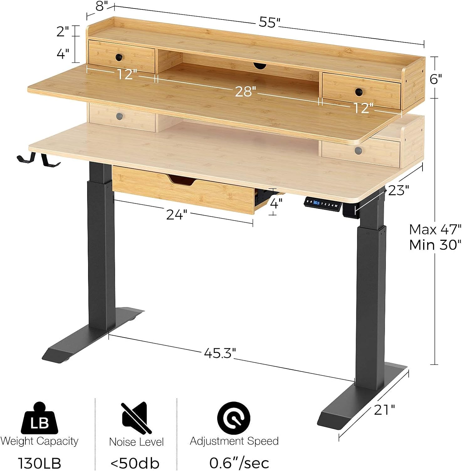 Rolanstar Height Adjustable Desk, 55" Standing Desk with Drawers and Monitor Shelf, Electric Standing Table with Double Headphone Hooks（Bamboo Color）