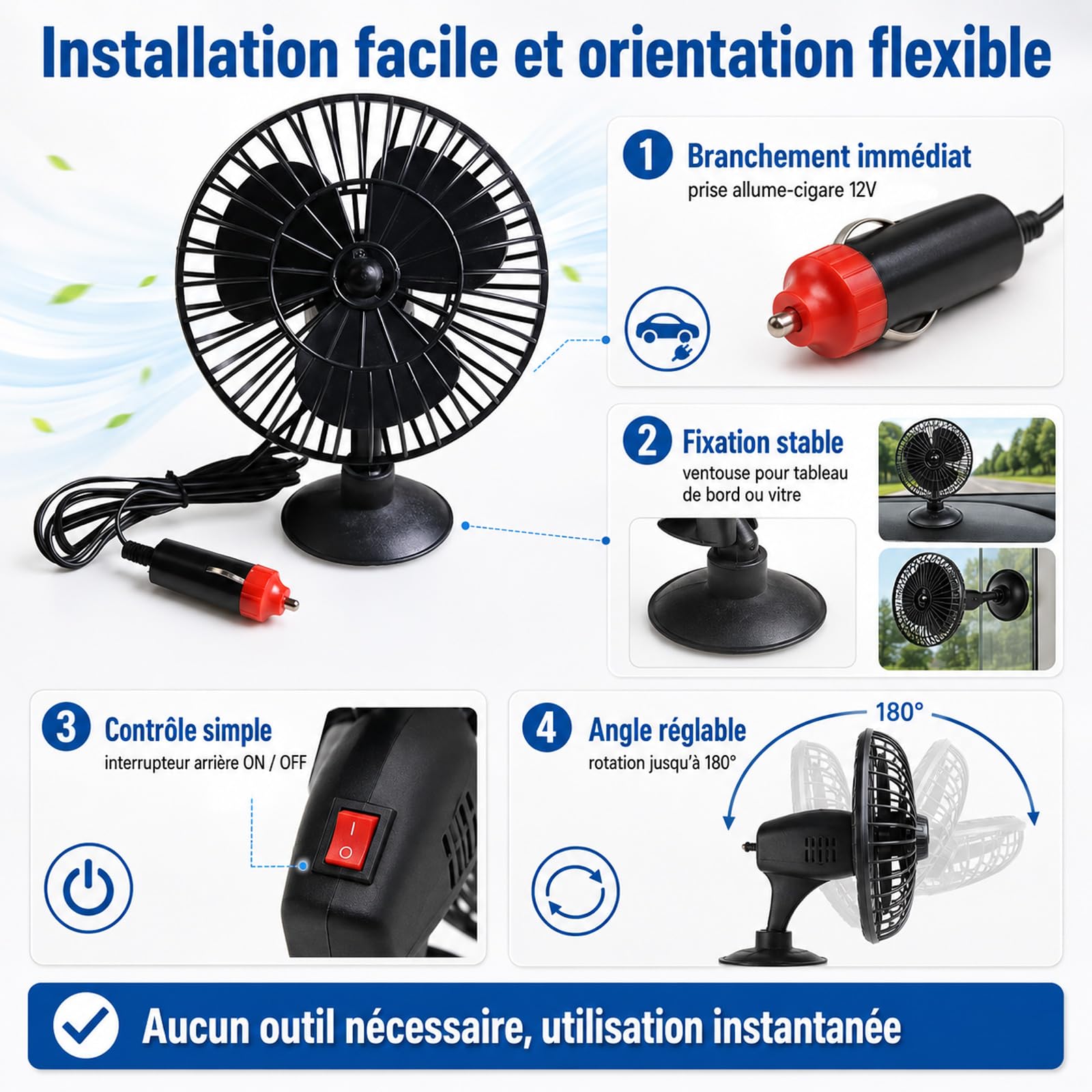 Ventilateur de Voiture 12v, Ventilateur de Voiture Allume Cigare Portable Camion Ventilation Ventouse RéGlable Ventilateur de Bureau