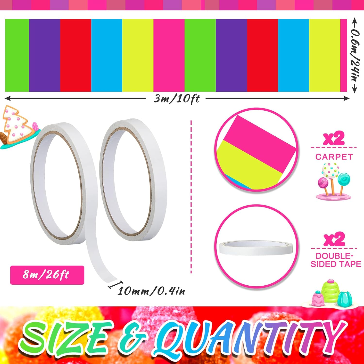 Woanger 2 Pcs 24'' x 10' Candy Carpet Themed Runner Colorful Floor Rug Candy Party Decorations Polyester Runway Rug Rainbow Table Runner with Tape for Donut Theme Birthday Carnival Party Supplies