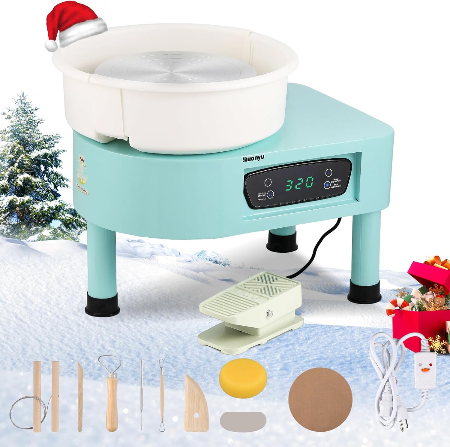 Huanyu Pottery Wheel 10" Electric Ceramic Wheel Forming Machine 350W LCD Screen & Aluminum Alloy Foot Pedal Ceramic Clay Machine Detachable Basin 0-320 RPM Art Craft Sculpting Tool Kit Green