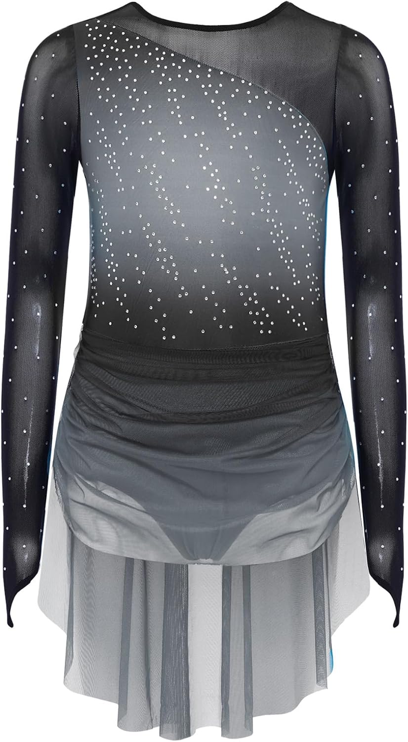 Freebily Kids Girls Figure Ice Skating Dress Long Sleeve Gradient Dance Dress Rhythmic Gymnastics Dancewear