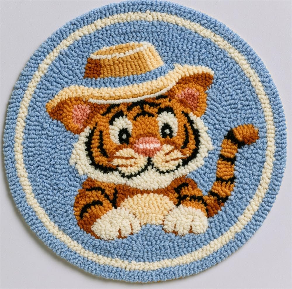 kitphoenix Latch Hook Kits for Adults Tiger Wearing A Hat 20X20Inch (50X50Cm) DIY Latch Hook Rug Kit, Home Carpet Rug Making Kit, Cross Stitch Embroidery Kits Needlework Crafts Rug for Home Decor