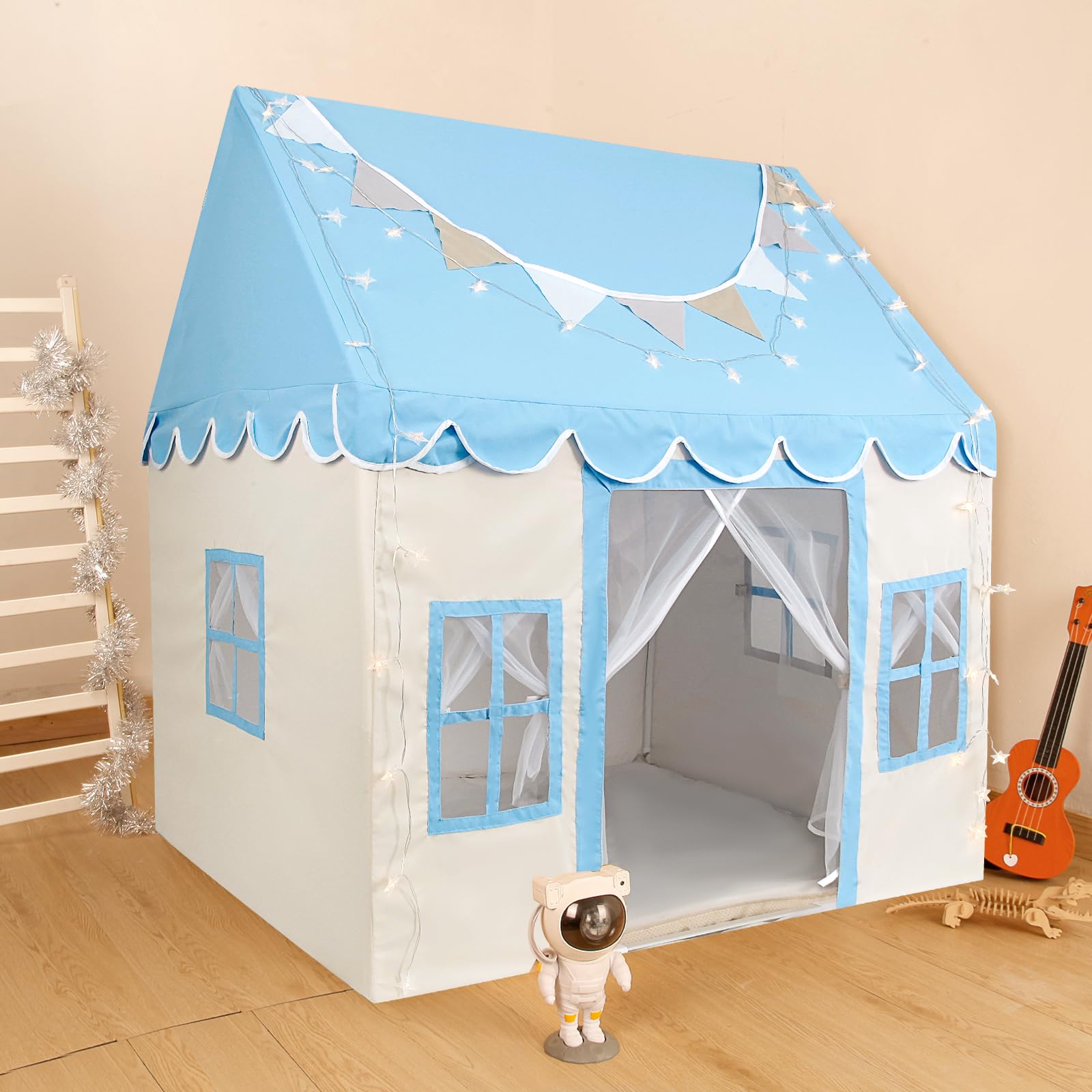 Kids Play Tent with Non-Slip Mat, Star Lights, Decorating Flag, Large Playhouse with 4 Windows, Machine Washable, Indoor and Outdoor Play Tent for Kids, Girls, Blue, 47" x 40" x 52"