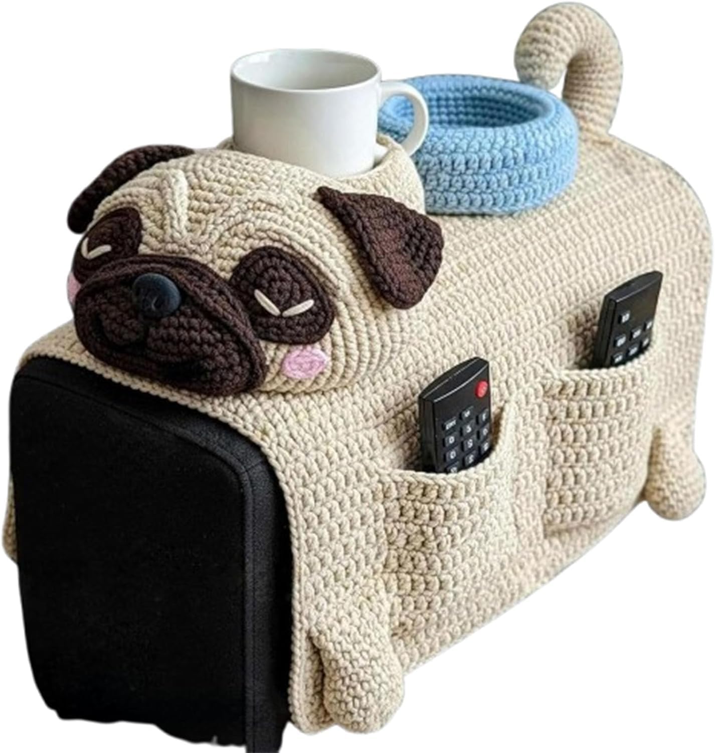 QFFYFZAL Crochet Cat Sofa Arm Organizer Cute Puppy Sofa Armrest Organizer Cute Cozy No-Slip Mug Holder Handmade Cat Shaped Armchair for Remote Phone Treats Cup