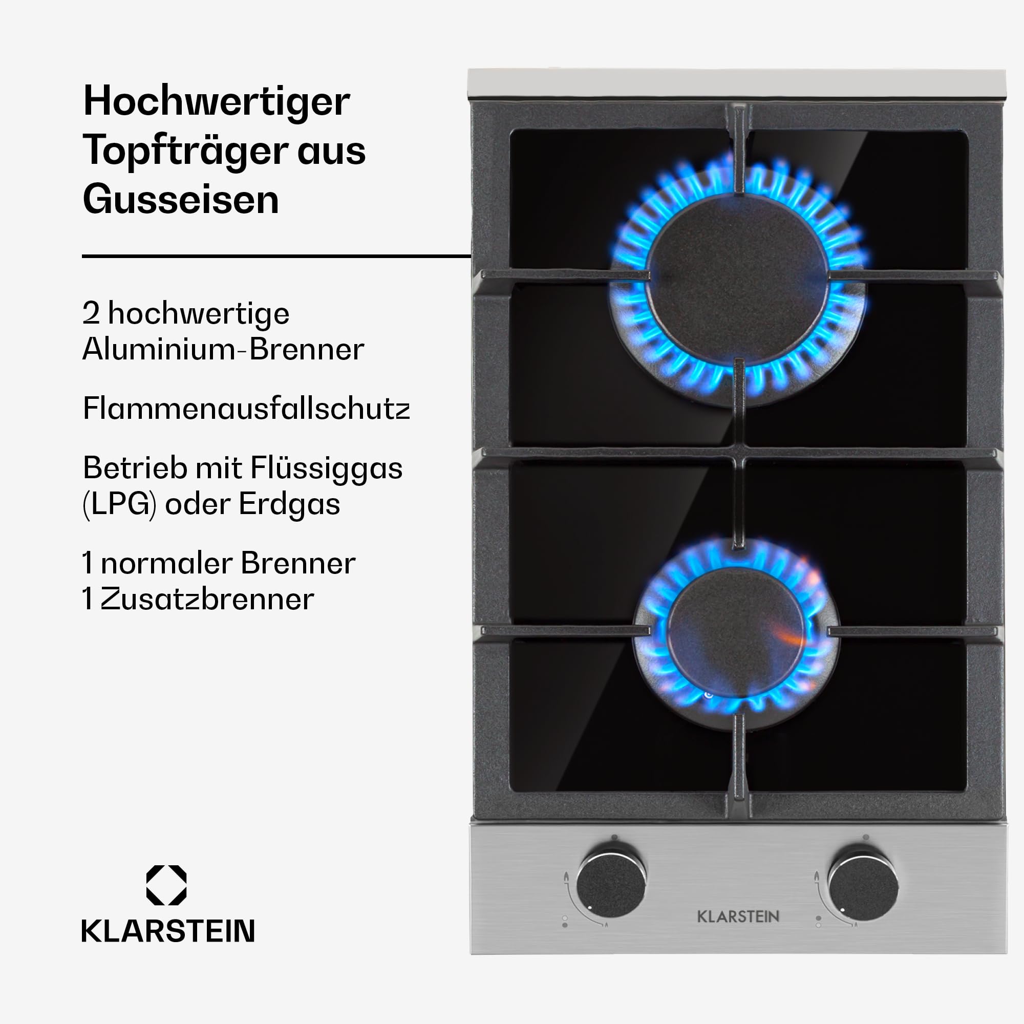 Klarstein Gaskocher 2-Flammig, 4,2 kW Einbau-Gaskocher für Innenbereich, für Wohnmobil, 2-Flammiger Moderner Einbau Gasherd, Zwei Brenner Gas Herd