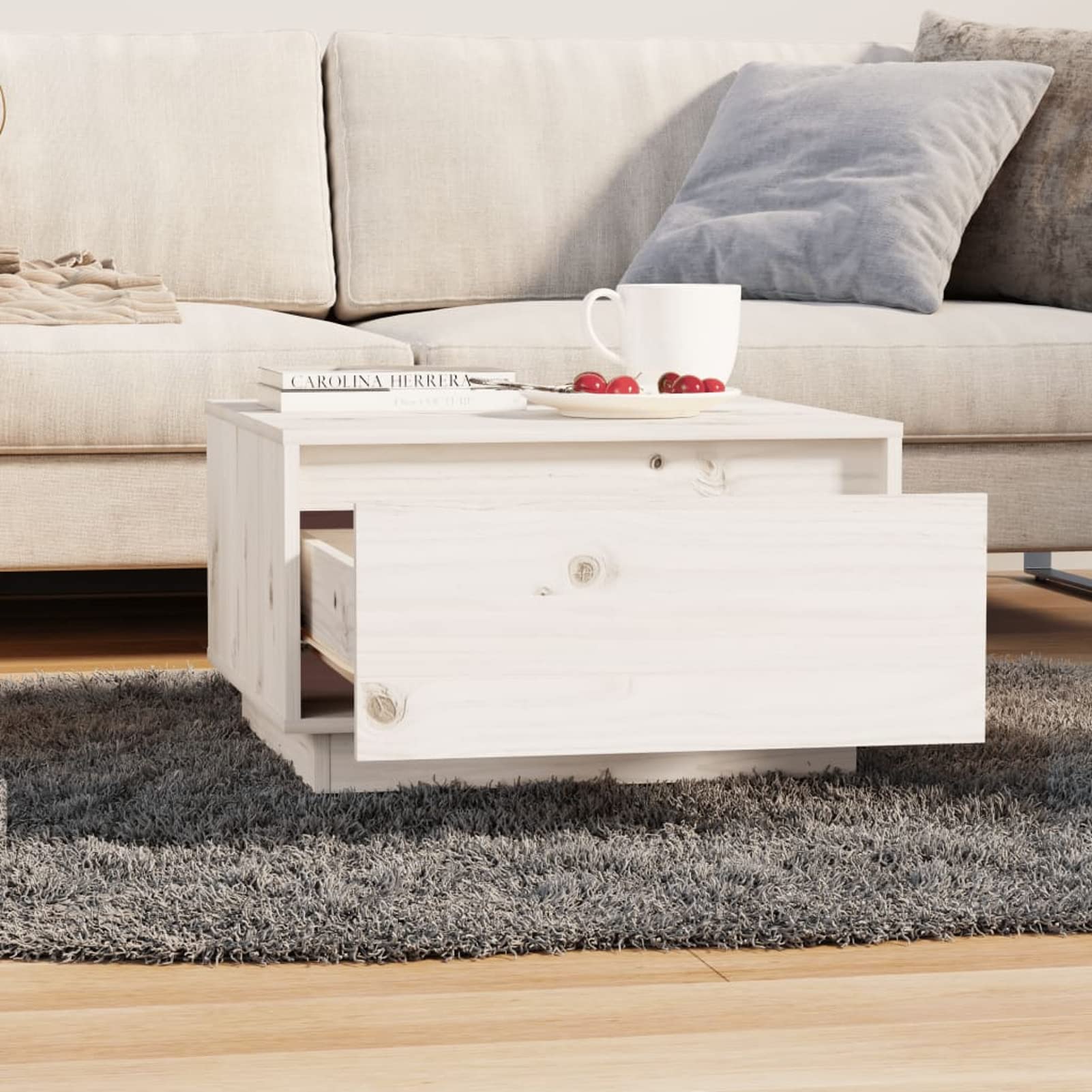 Homgoday Tavolino da caffè bianco 55 x 56 x 32 cm, in legno di pino massiccio, tavolino da tè per soggiorno, sala d'accoglienza degli ospiti, camera da letto e mobili da ufficio