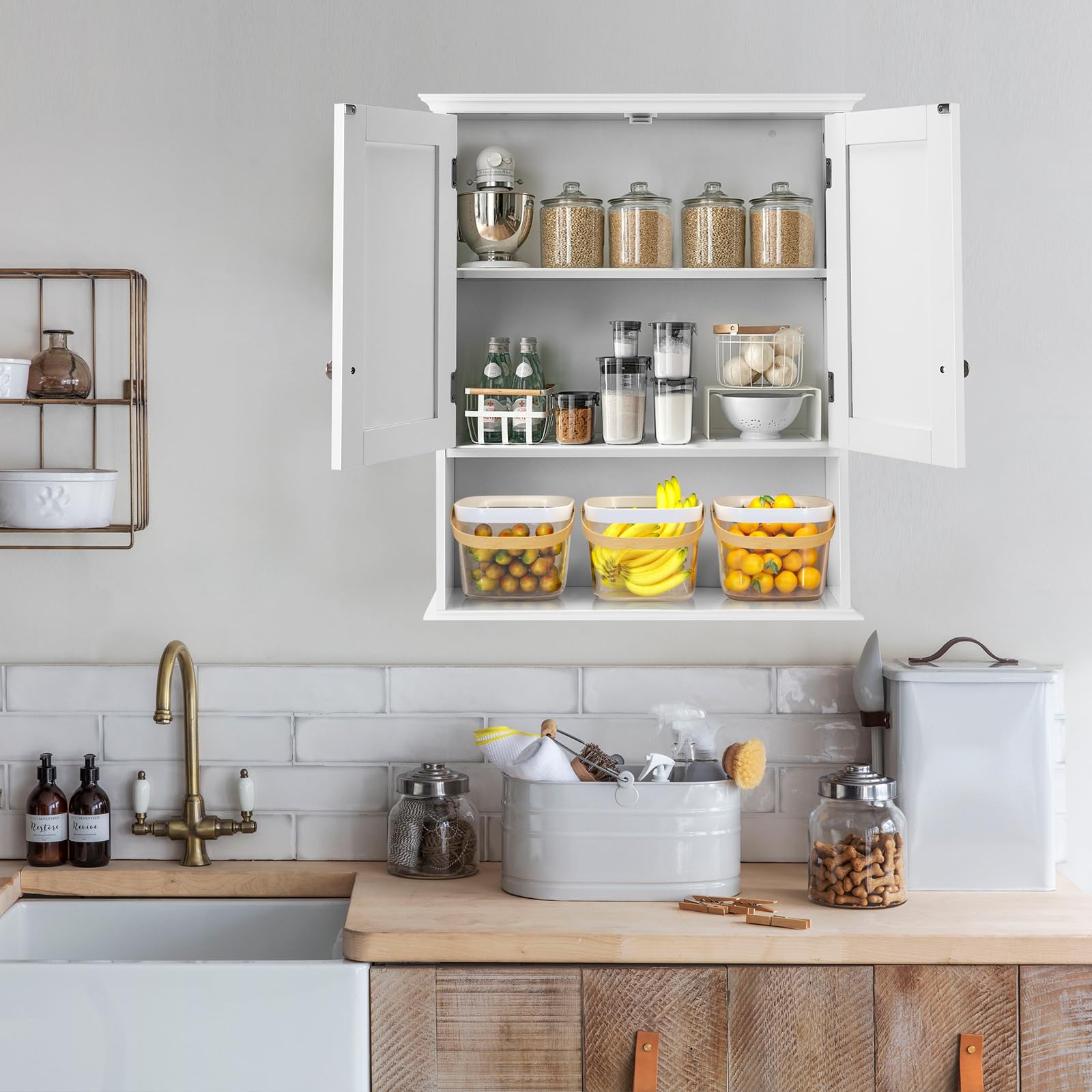 GIANTEX Armadio da Bagno Sospeso, con Ripiano Aperto, Armadio da Bagno con Ante e Mensola Regolabile, Pensile per Cucina, 60 x 19 x 71 cm