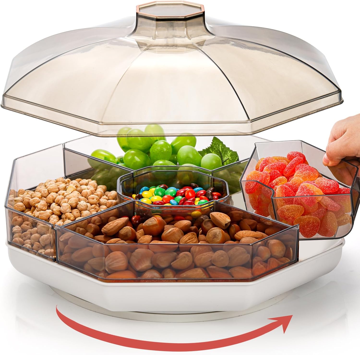 Rotating Snack Serving Tray with Lid — 11" Plastic Divided Serving Dishes — 5 Compartment Round Appetizer Platter — Removable Dried Fruit Organizer Plate for Veggie Candy Nut Cracker Chip Party