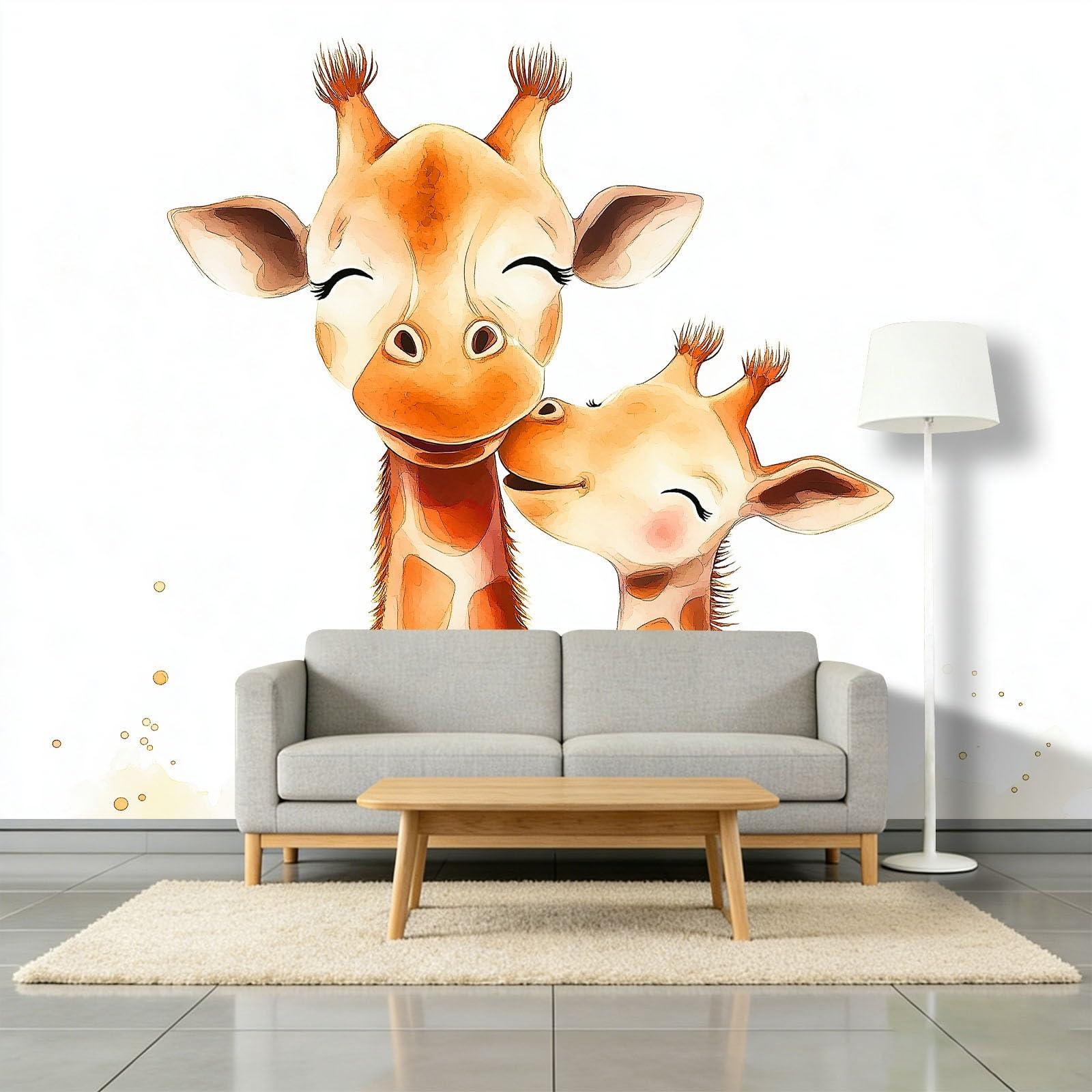 Fototapeta 3D, akwarela, zwierzęta, żyrafa, 400 x 280 cm, tapeta z włókniny, fototapeta, tapeta ścienna, do sypialni, salonu, tło telewizora, nowoczesna dekoracja ścienna, kolor pomarańczowy