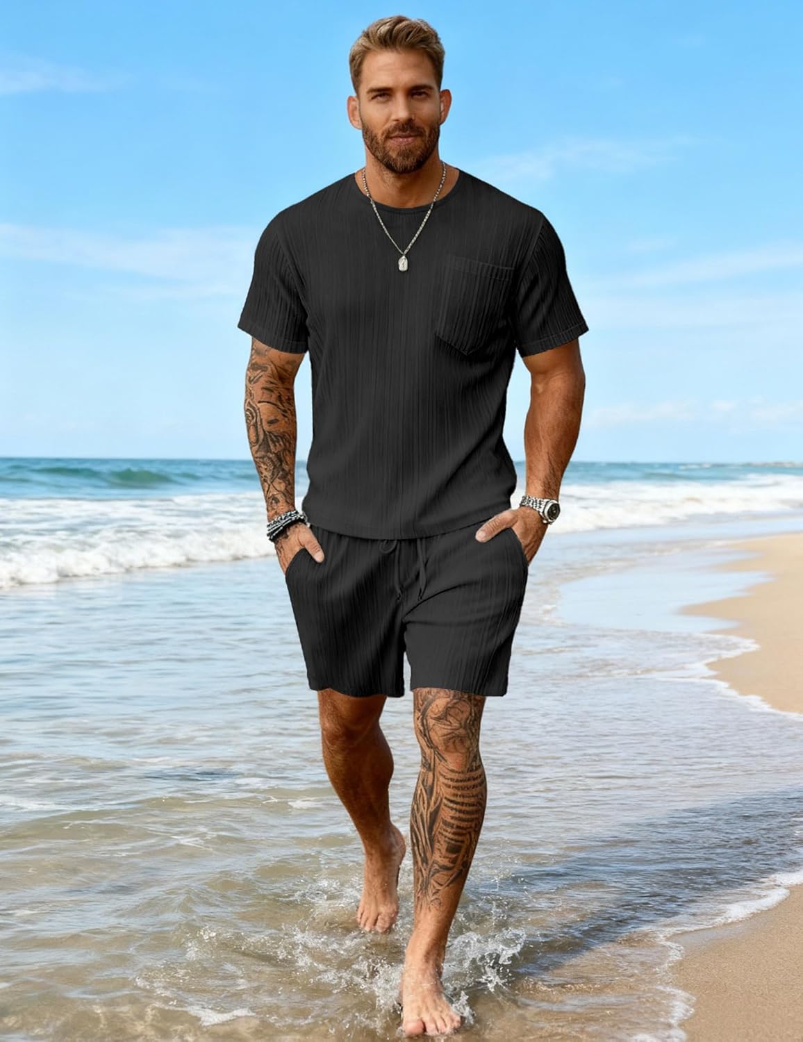 Bealin Men's Summer Beach Outfits 2 Piece Vintage Short Sleeve T Shirts and Shorts Vacation Texture Sets - Image 4