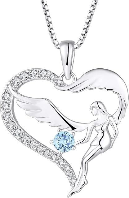 FJ Heart Angel Necklace Guardian Angel Wing Pendant Necklace 925 Sterling Silver with Birthstone Cubic Zirconia Jewellery Gifts for Women Girls