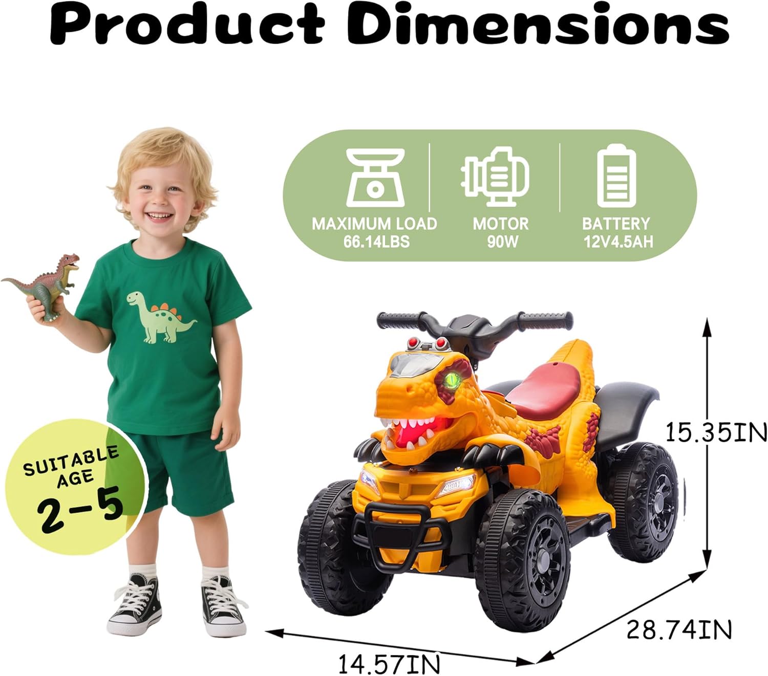 Bluefun Dinosaur Electric Ride On ATV 4 Wheeler for Kids,12V ATV Electric Car with Music,Bluetooth & LED Lights,Birthday Gift for Ages 3 (Yellow)