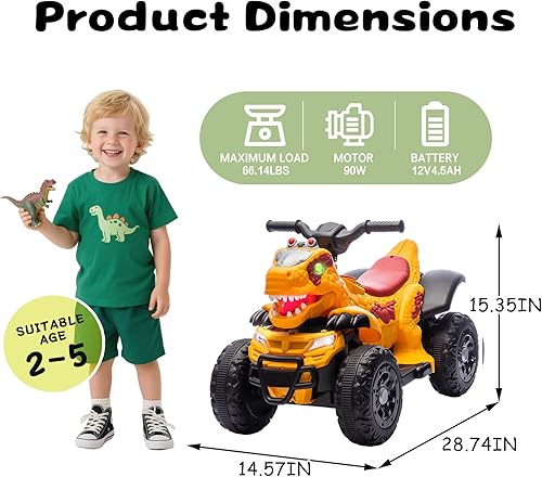 Miniatura 2 de Bluefun Dinosaurio eléctrico ATV de 4 ruedas para niños, automóvil eléctrico ATV de 12 V con música, Bluetooth y luces LED, regalo de cumpleaños