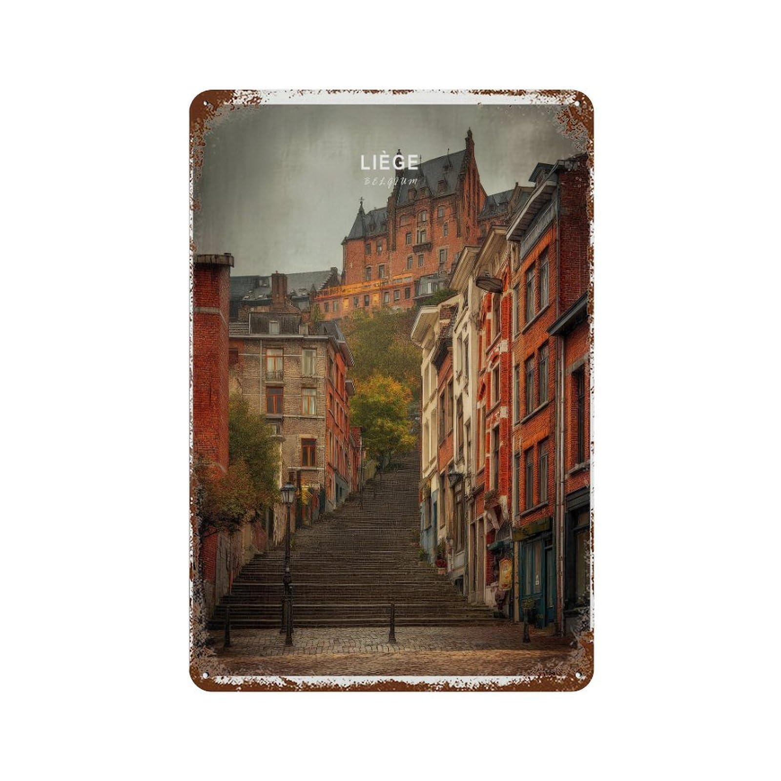 xiaoxiaoshen Liège Belgium Oil Painting Travel Historic Stair Street City Wall Decor Art Metal Tin Poster Modern Home Decor Art Home Bar Shop Decorations Vintage Sign 30x20cm