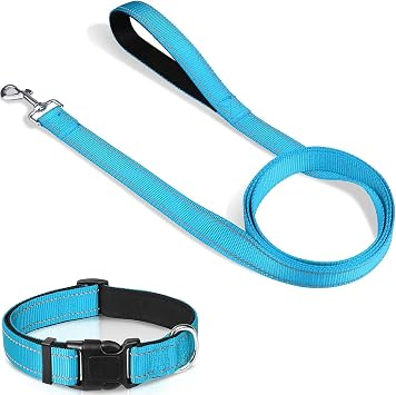 Joytale 6FT1" Dog Leash and Collar 16-24", Reflective Soft Neoprene Padded Pet Collars and Leashes for Large Dogs, Sky Blue