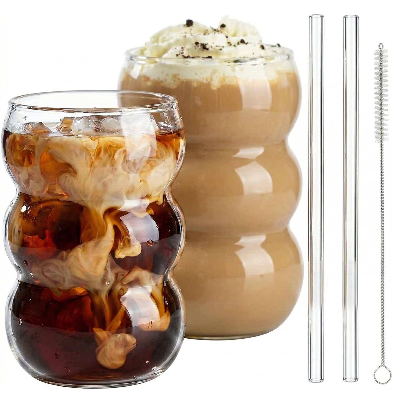 VITEVER Latte Macchiato Gläser Set, 2 Kaffeegläser perfekt geeignet für Cappuccino, Caffe Lungo oder Americano, Spülmaschinenfest, Bubble Gläser 550 ml，Kostenlose Bürste und Strohhalm