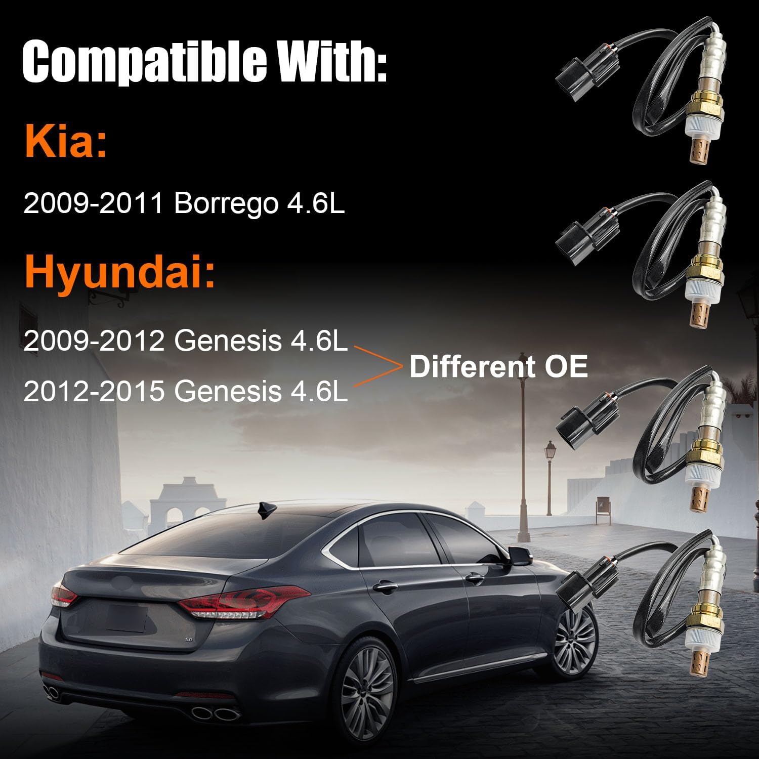 4Pcs O2 Oxygen Sensor Upstream & Downstream Compatible for 2009-2012 Hyundai Genesis 4.6L, for 2012-2015 Genesis 4.6L, for 2009-2011 Kia Borrego 4.6L, Oxygen O2 Sensor Replaces OE# 234-4240 234-4262