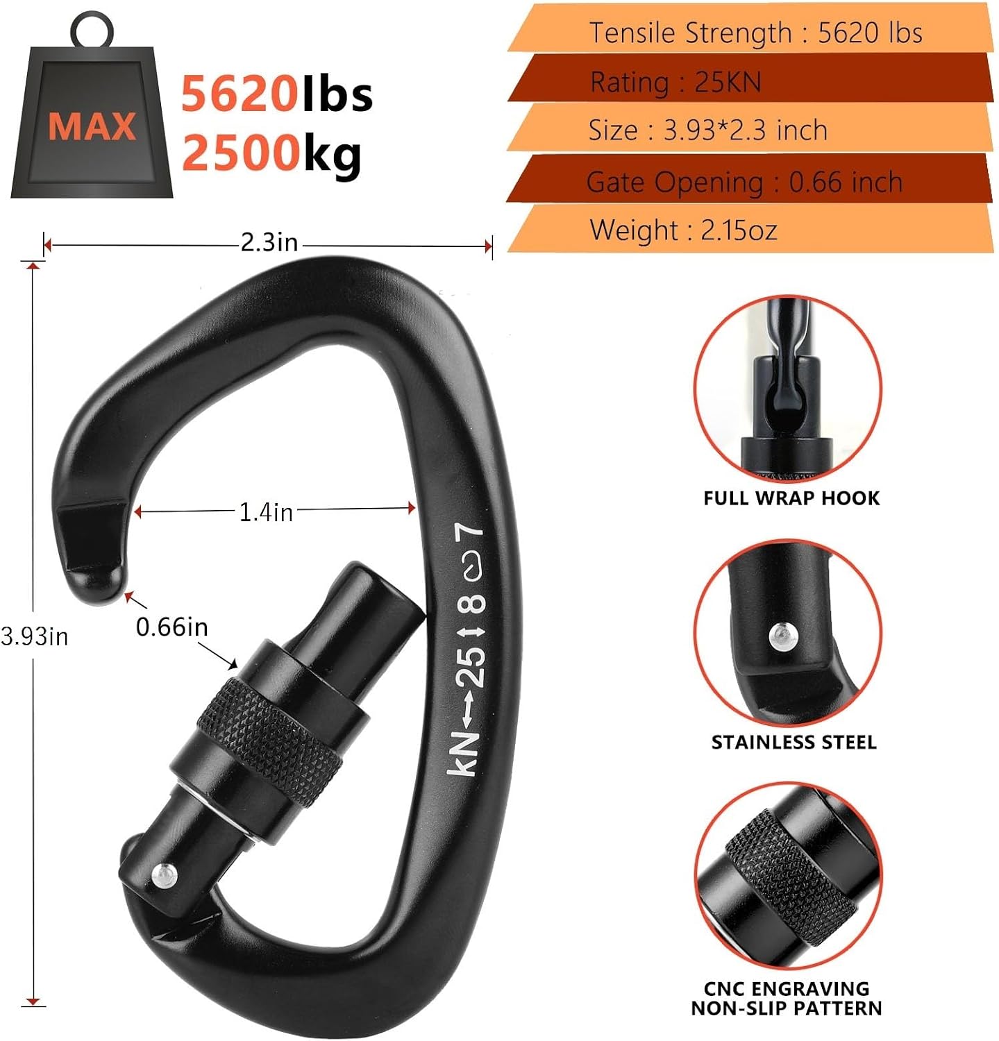 Climbing Locking Carabiner Clip Rappelling - Thorn 25KN Heavy Duty Large Screwgate Carabiners Clips for Rock Climbing,Mountaineer,Hammock,Camping,Gym image 2