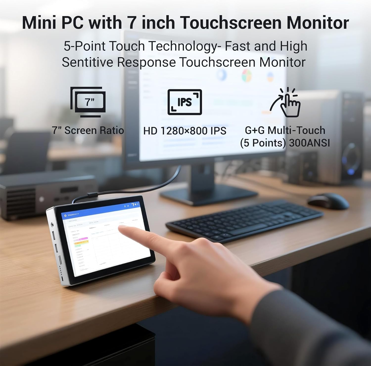 7" Mini PC Celeron N95, Win11 Pro Mini Computer 16GB RAM 512GB eMMC, HD IPS Touchscreen Computer Desktop 4K Dual Display for Home/Office, HDMI/USB/WiFi5/BT5.0/Type-C/Dual Gigabit LAN