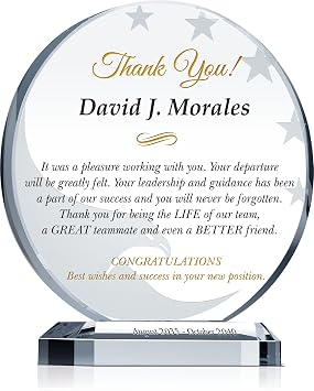 Custom Crystal Farewell Gift Plaque Personalized Going Away or Retirement Award for Coworker, Employee, Boss, or Manager M - 6.5"