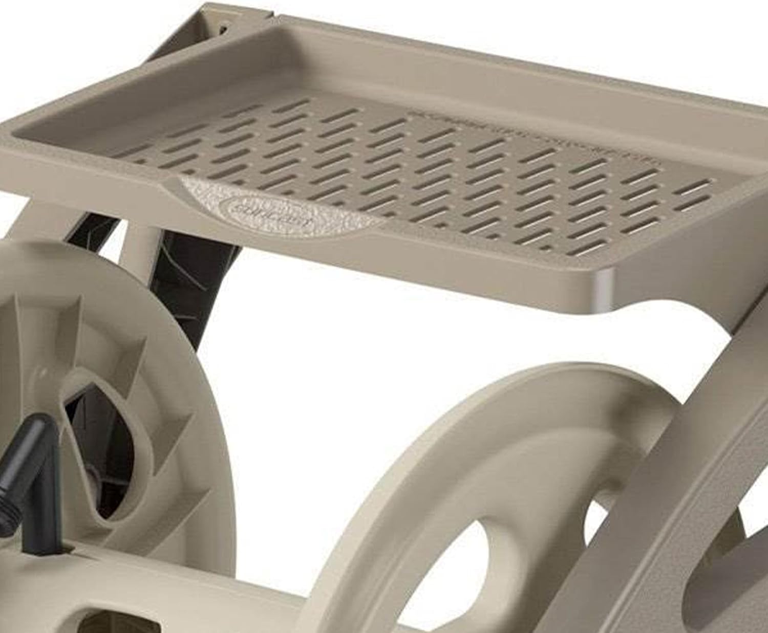 Close-up of the storage tray on the Suncast Handler Hose Reel with gloves