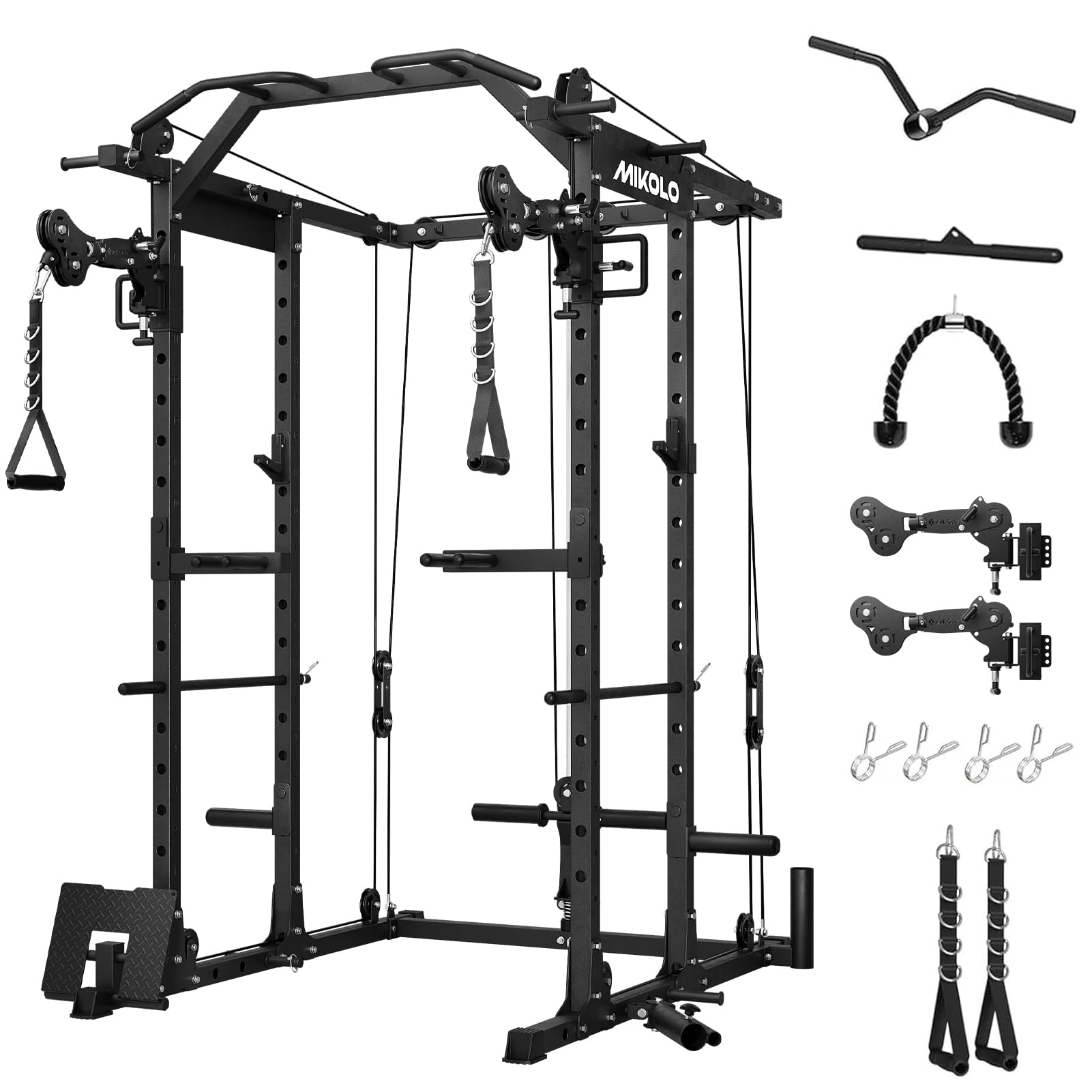Mikolo Power Cage, Power Rack with Cable Crossover System, 1500LBS Squat Rack with LAT Pull Down System, Workout Cage with Pulley System for Fitness Home Gym