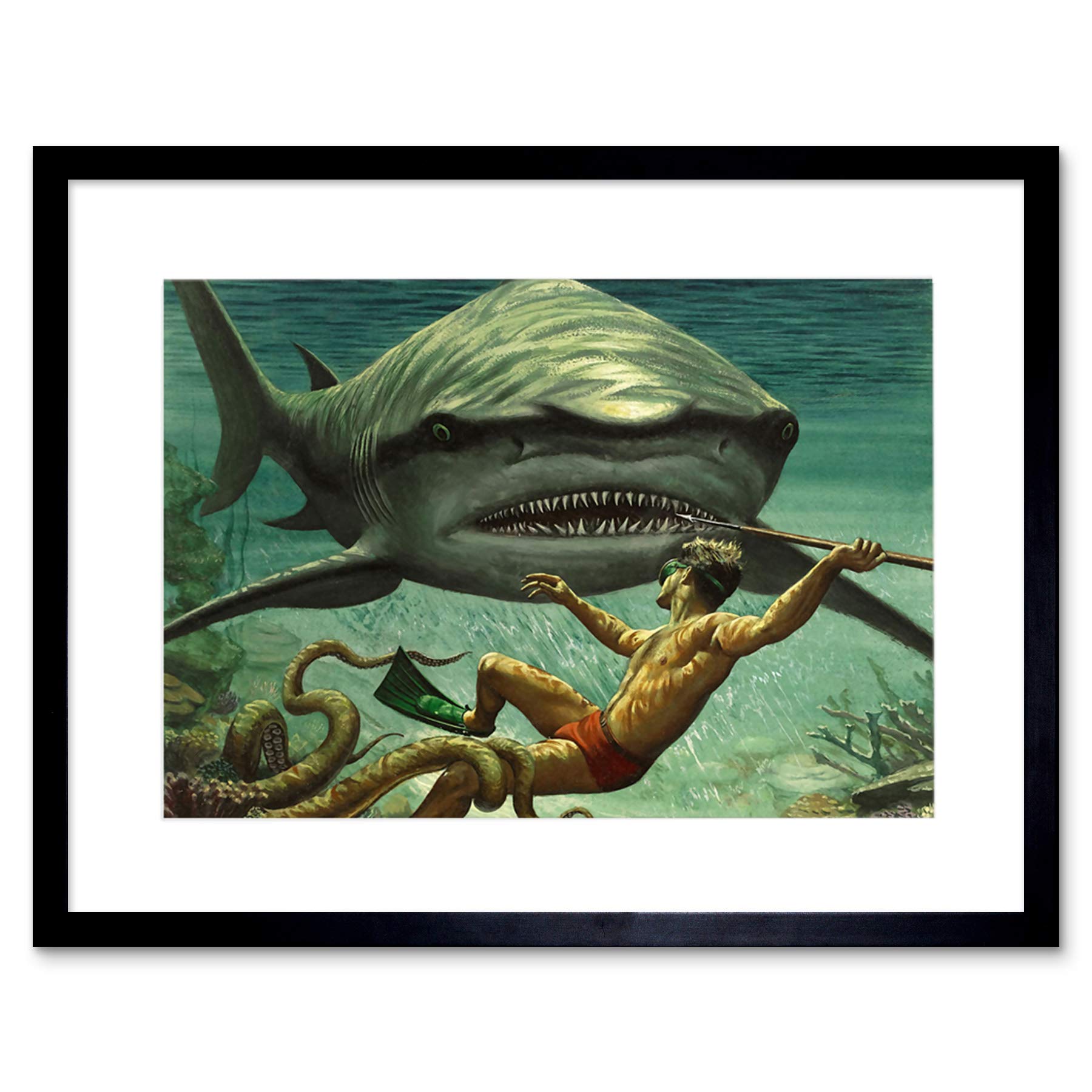 Wee Blue Coo Shark Attack Octopus Diver Spear Adventure Underwater Framed Wall Art Print