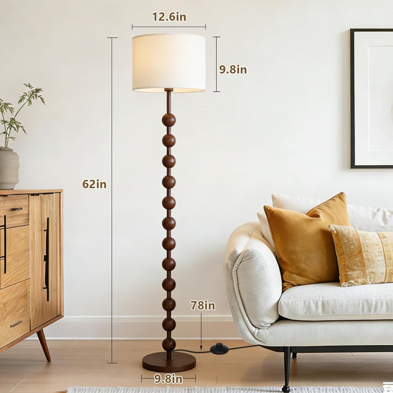 Floor Lamps for Living Room, Metal Floor Lamp with Remote, Standing Lamp for Bedroom with E26 Smart Bulb, 62" Walnut Corner Tall Lamp with Fabric Shade, Farmhouse Stand Up Lamp, Retro Reading Lamp