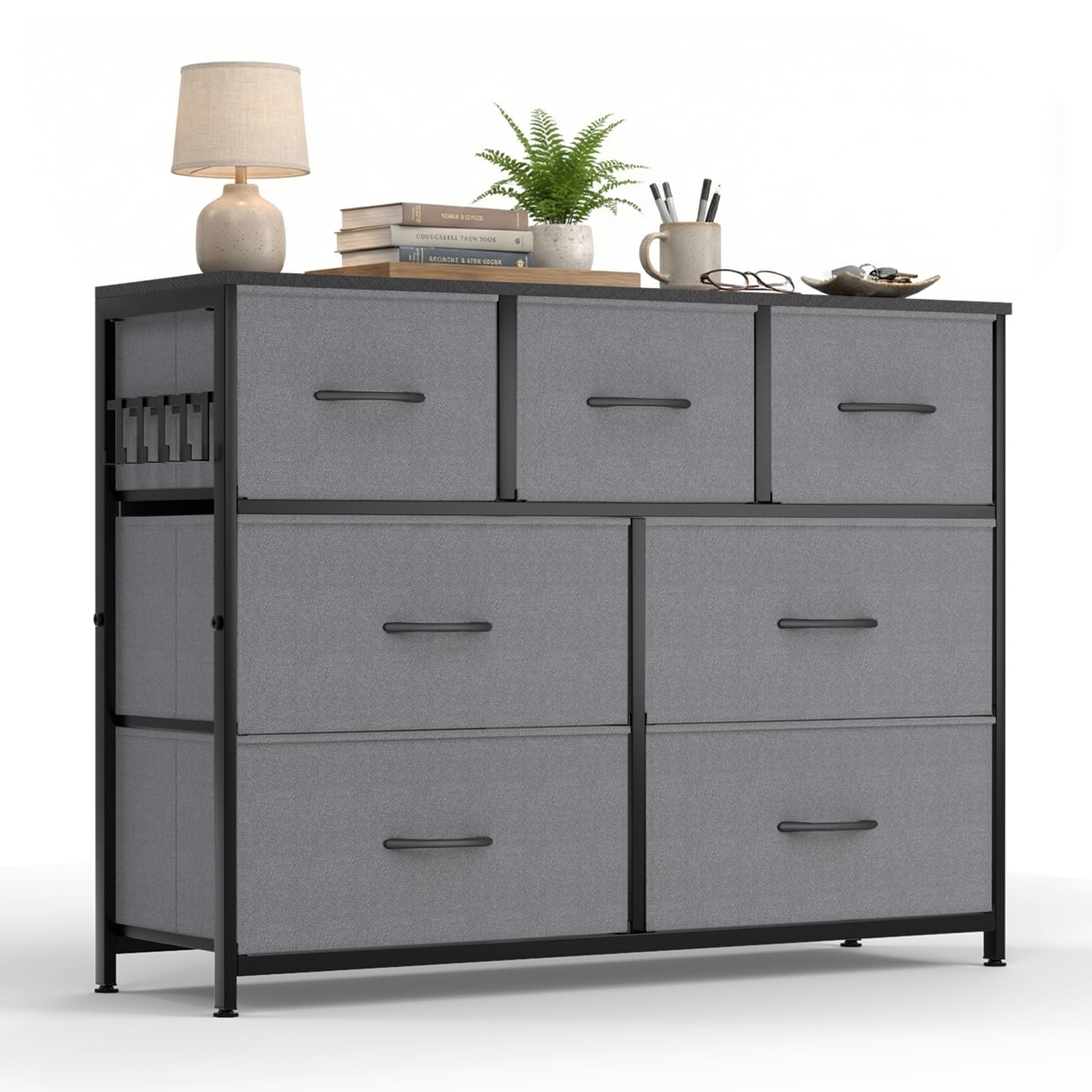 HOKEEPER Kommode, Chest of Drawers, 7 Schubladen aus Stoff mit Griffen, Komodenschrank Schlafzimmer mit Holzplatte, Sideboard Flur für Küche Büro (Grau)