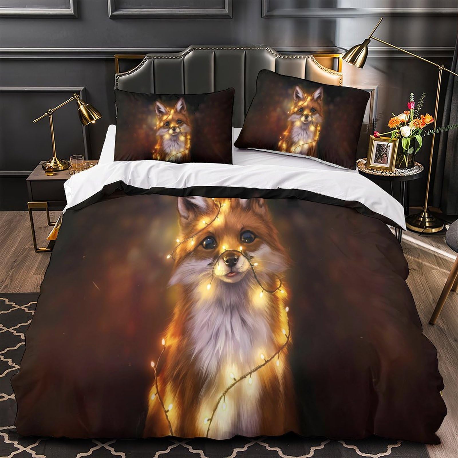 Housse de couette renard 3D super king 260x220 cm avec parure de lit forêt fantastique pour enfant