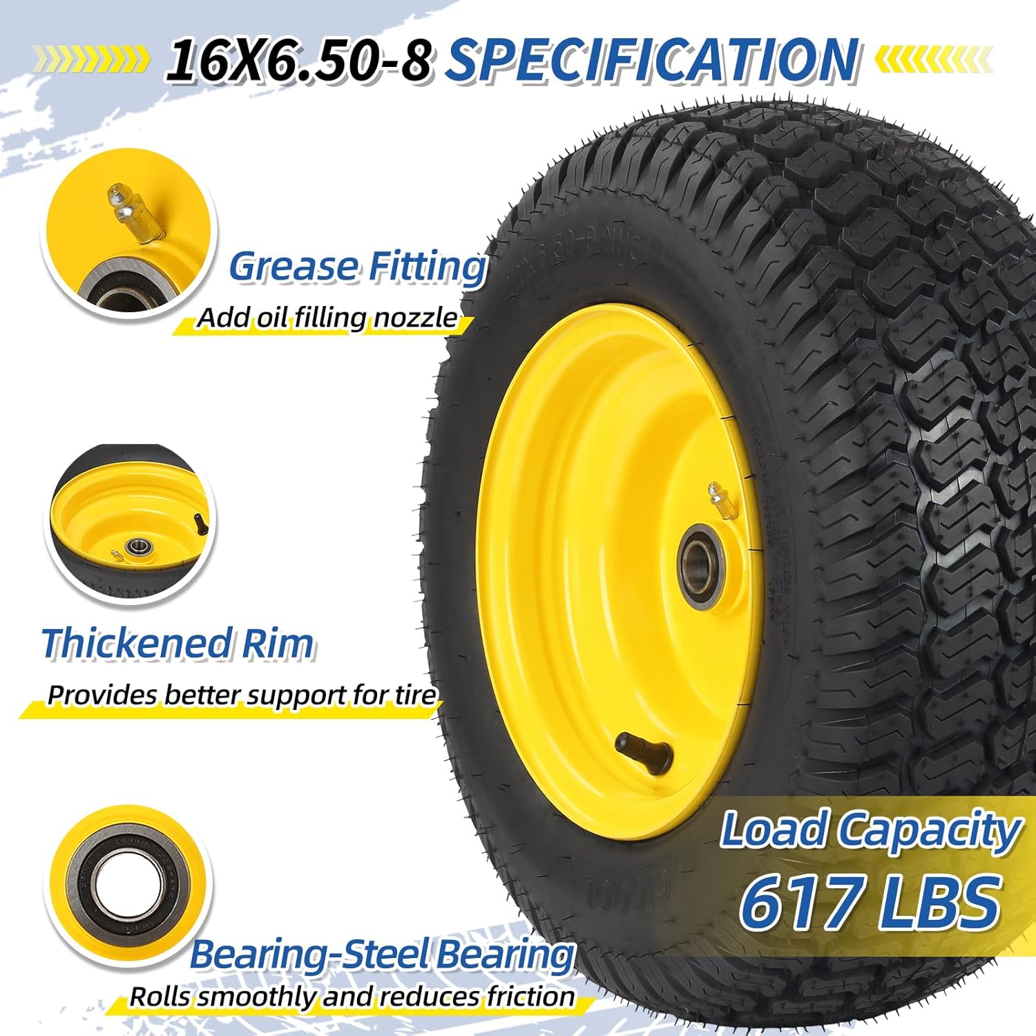 GICOOL 16x6.50-8 Tubeless Tire and Wheel, 16x6.5-8 Lawn Mower Tires, 3"-4.5" Offset Hub, 3/4" or 5/8" Bearing, Universal Fit Riding Mower and Garden Tractor Front Wheel, 4 Ply, S-Turf Pattern, 2 Pack